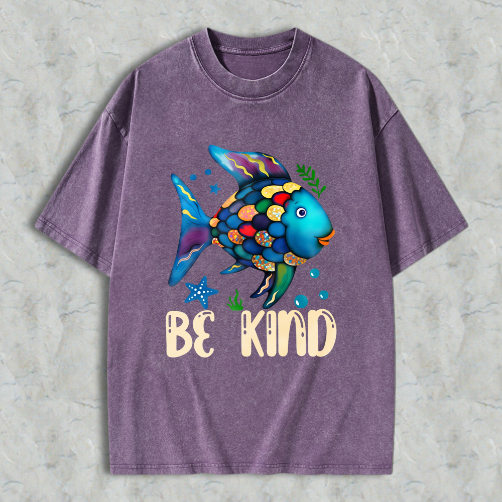 Wardrobecart Colorful Fish With Be Kind Text Unisex Washed T-shirt