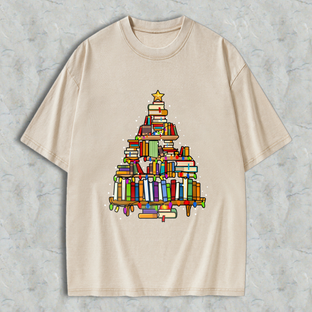 Wardrobecart Book Christmas Tree Unisex Washed T-shirt