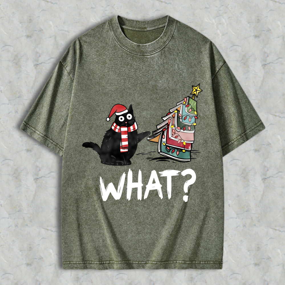 Wardrobecart Cartoon Cat Wearing Santa Hat And Scarf Standing Next To A Christmas Tree With A Star On Top What Question Mark Unisex Washed T-shirt