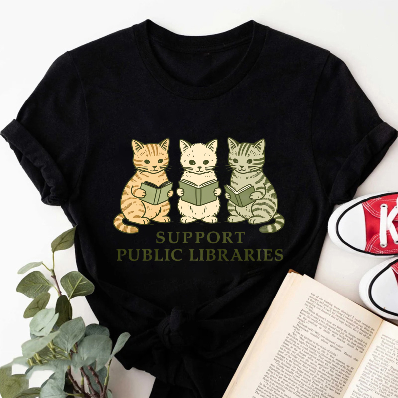 Wardrobecart Three Cats Reading Books Support Public Libraries Tshirt