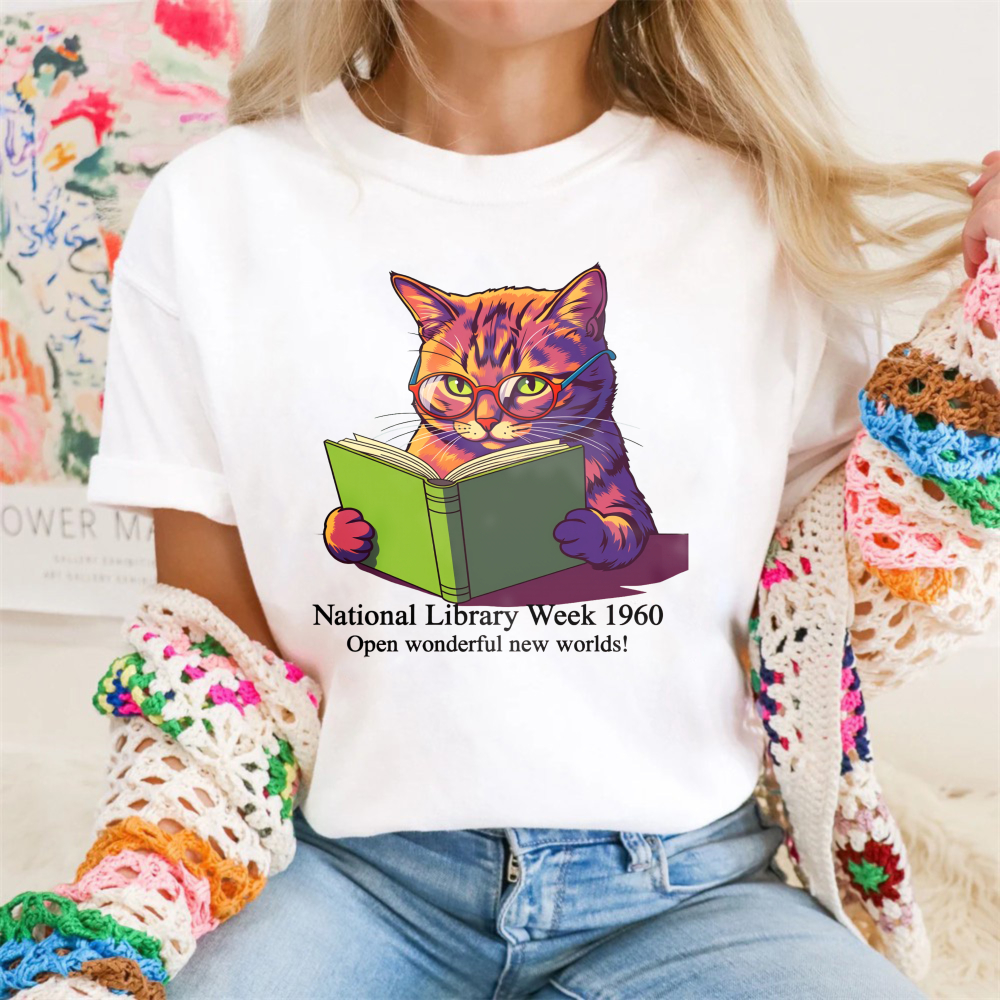Wardrobecart Cat Reading Book National Library Week 1960 Tshirt 100% cotton