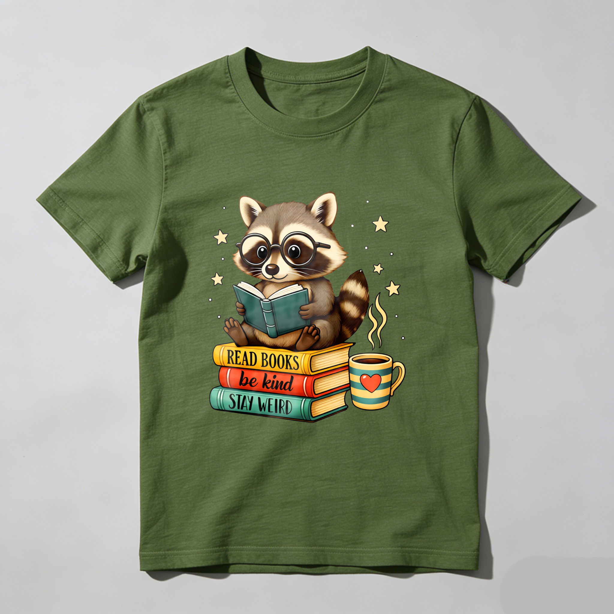 Wardrobecart Raccoon Reading Books With Coffee And Stars Tshirt