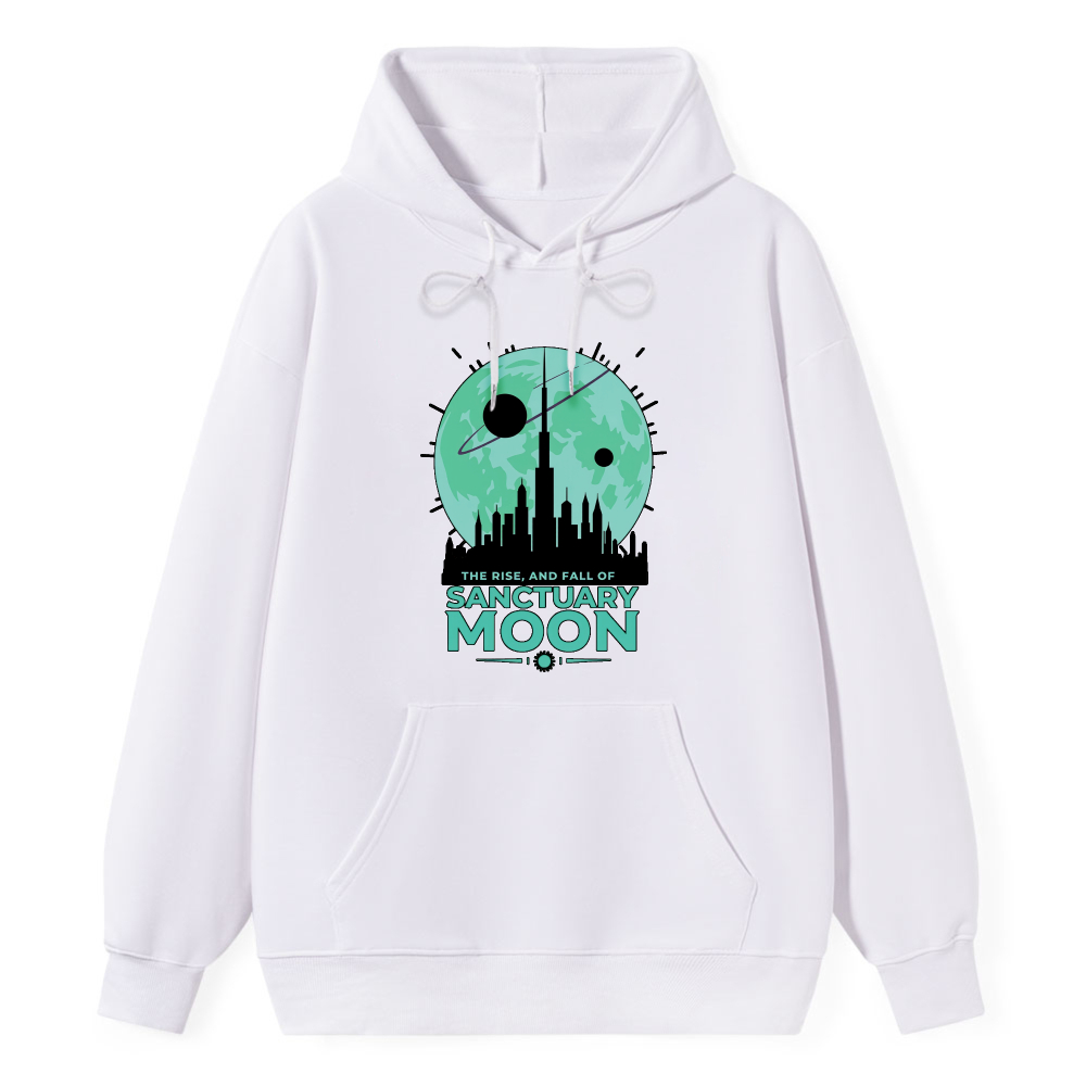 Wardrobecart Sanctuary Moon Cityscape With Planet And Text The Rise And Fall Of Sanctuary Moon Unisex Classic Hoodie