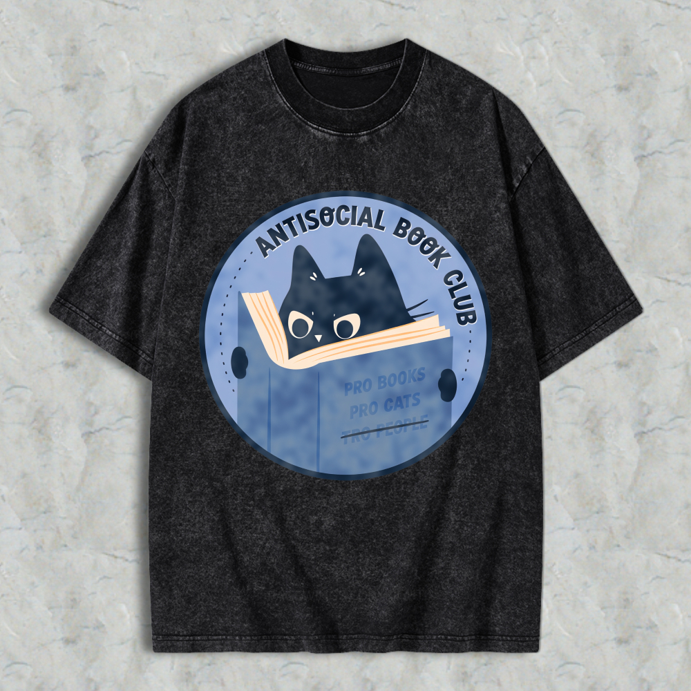 Wardrobecart Antisocial Book Club Cat Reading Book Design Unisex Washed T-shirt