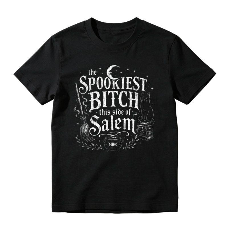 Spookiest Bitch This Side Of Salem Halloween Witch Cat Moon Graphic T-shirt