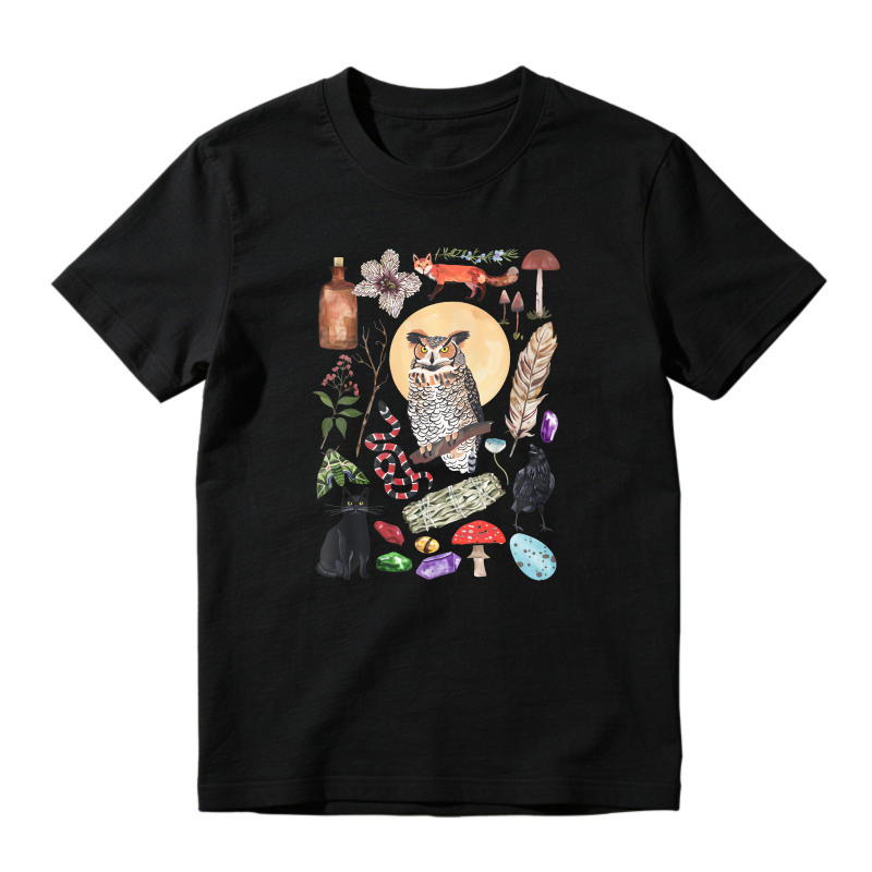 Owl Moon Forest Animals Mushrooms Crystals Vintage Collage, Unisex Classic T-shirt