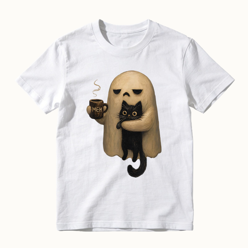 Halloween Spooky Ghost Holding Black Cat Coffee Lover Funny T-shirt