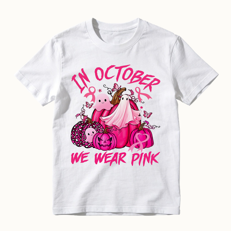 In October We Wear Pink Ghost Pumpkin Print T-Shirt, Breast Cancer Awareness Halloween Shirt
