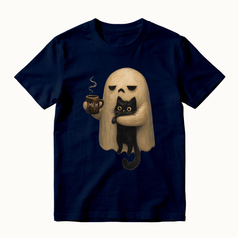Halloween Spooky Ghost Holding Black Cat Coffee Lover Funny T-shirt