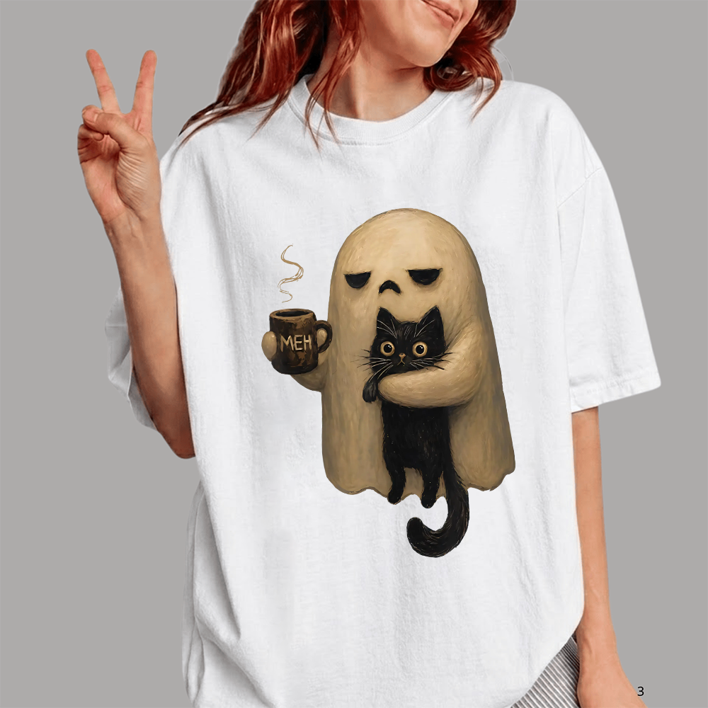 Halloween Spooky Ghost Holding Black Cat Coffee Lover Funny T-shirt