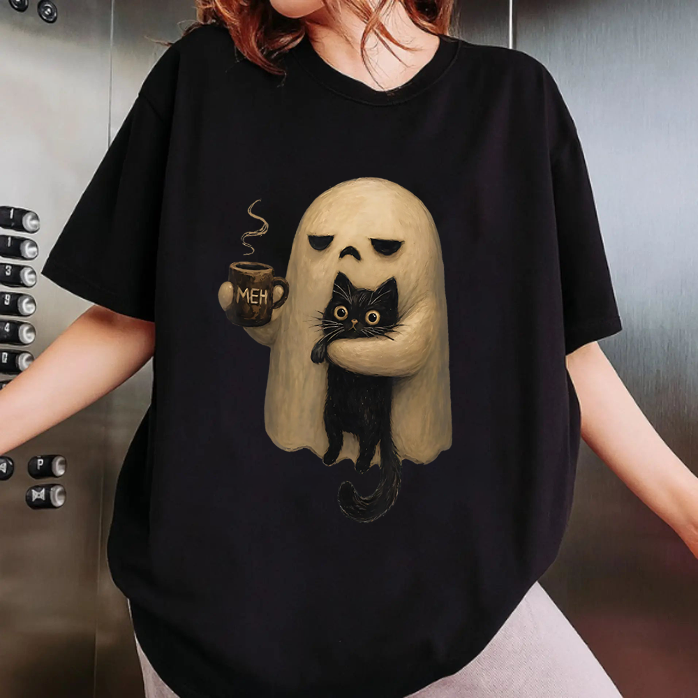Halloween Spooky Ghost Holding Black Cat Coffee Lover Funny T-shirt