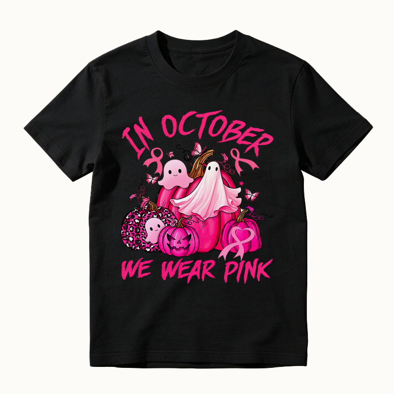 In October We Wear Pink Ghost Pumpkin Print T-Shirt, Breast Cancer Awareness Halloween Shirt