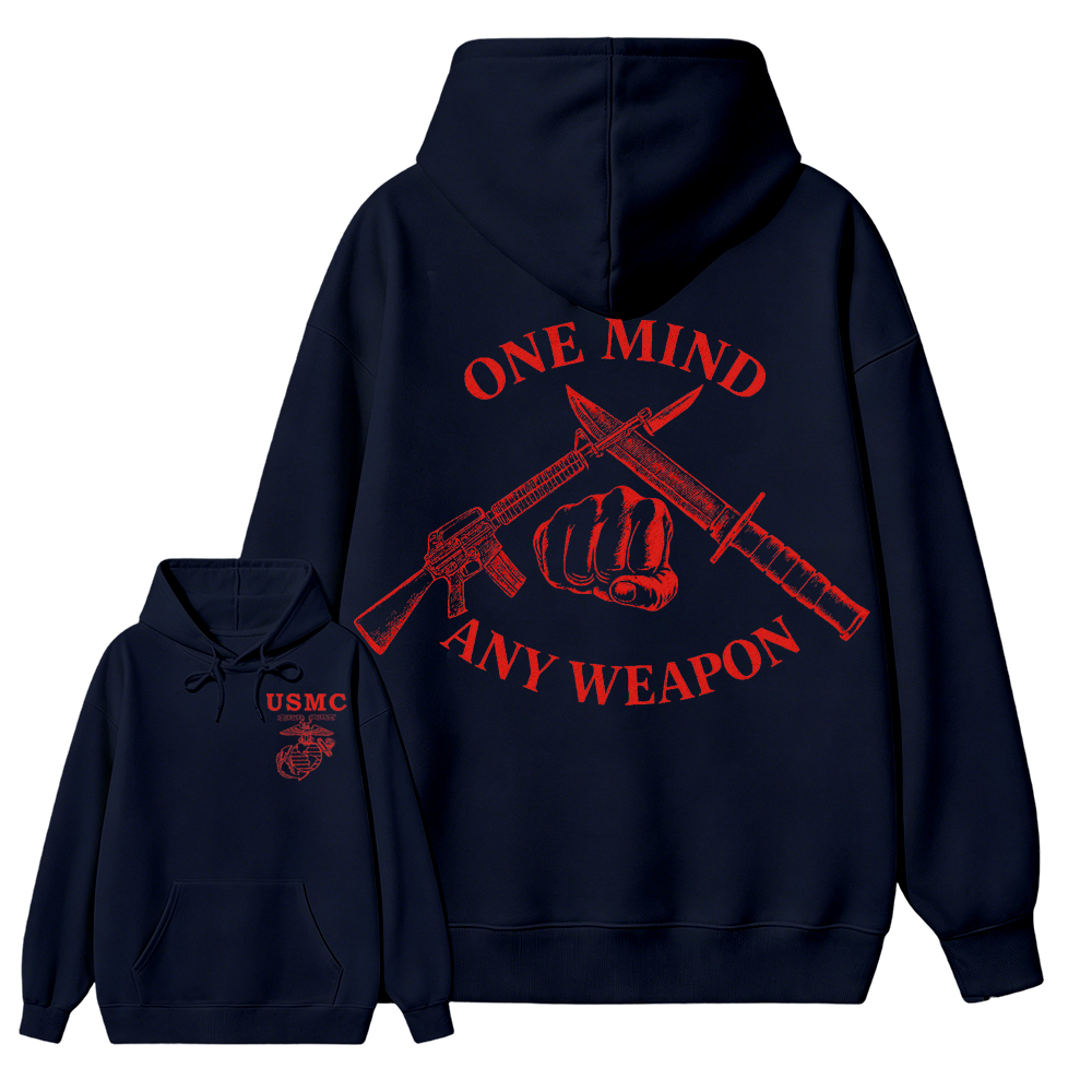 USMC One Mind Any Weapon Classic Menswear Hoodie, Marine Corps Combat Style, Veteran Gift