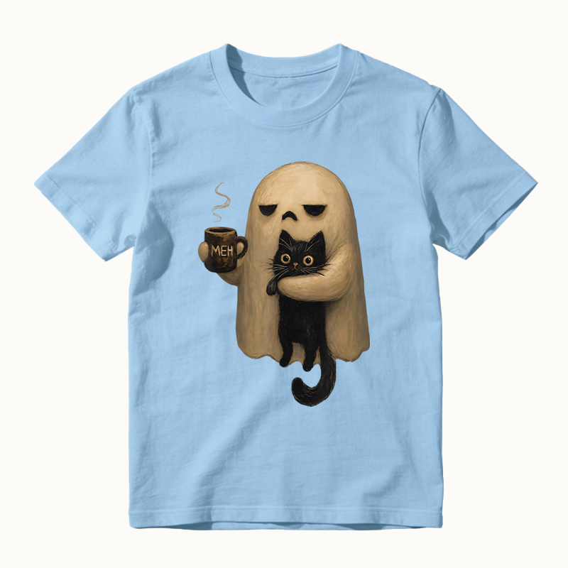 Halloween Spooky Ghost Holding Black Cat Coffee Lover Funny T-shirt