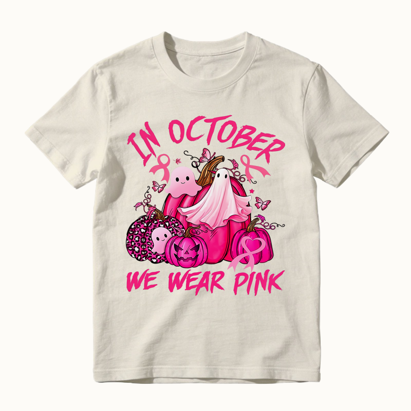 In October We Wear Pink Ghost Pumpkin Print T-Shirt, Breast Cancer Awareness Halloween Shirt