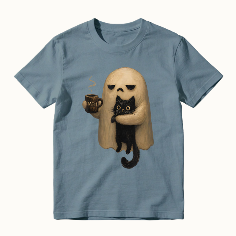 Halloween Spooky Ghost Holding Black Cat Coffee Lover Funny T-shirt