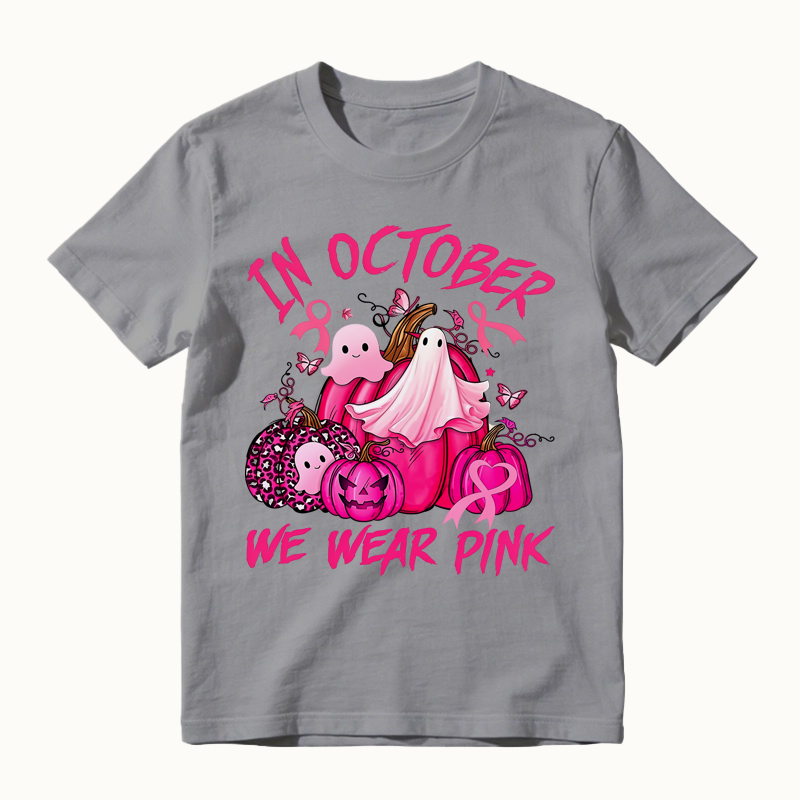 In October We Wear Pink Ghost Pumpkin Print T-Shirt, Breast Cancer Awareness Halloween Shirt
