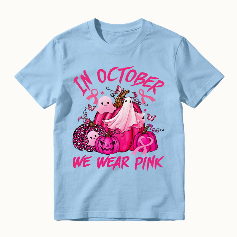 In October We Wear Pink Ghost Pumpkin Print T-Shirt, Breast Cancer Awareness Halloween Shirt
