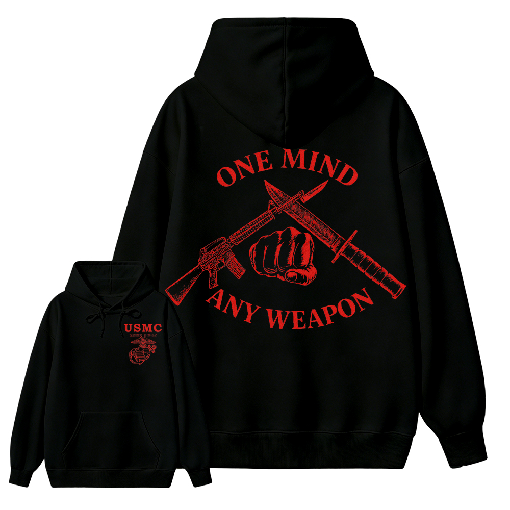 USMC One Mind Any Weapon Classic Menswear Hoodie, Marine Corps Combat Style, Veteran Gift
