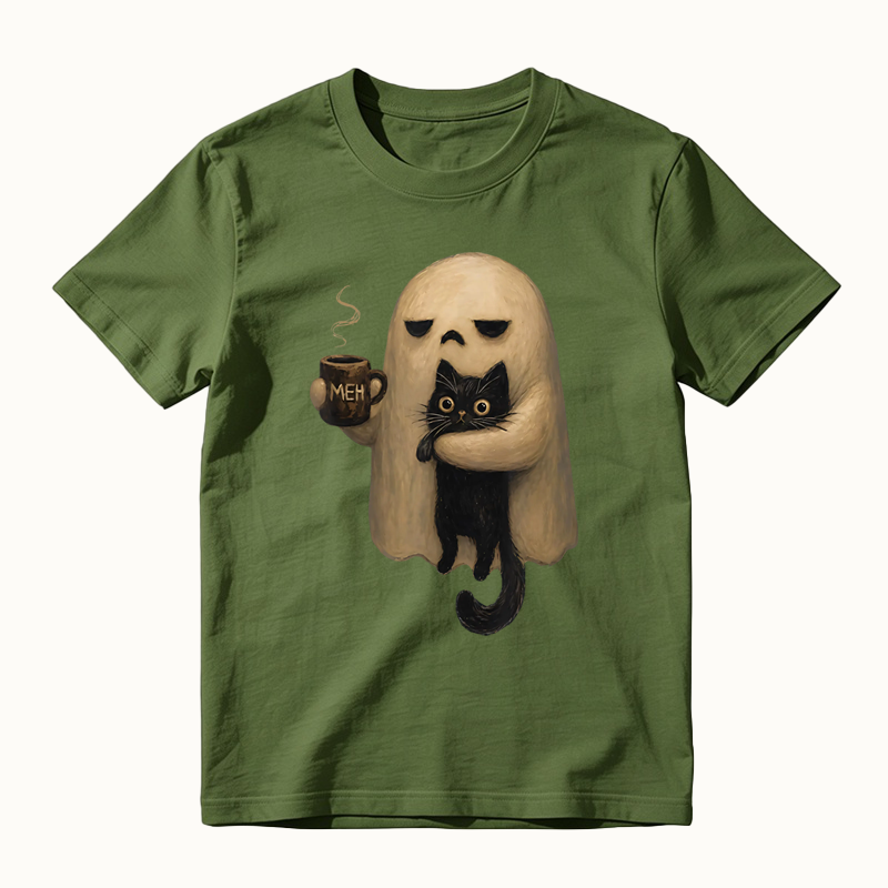 Halloween Spooky Ghost Holding Black Cat Coffee Lover Funny T-shirt