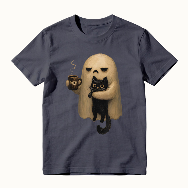 Halloween Spooky Ghost Holding Black Cat Coffee Lover Funny T-shirt