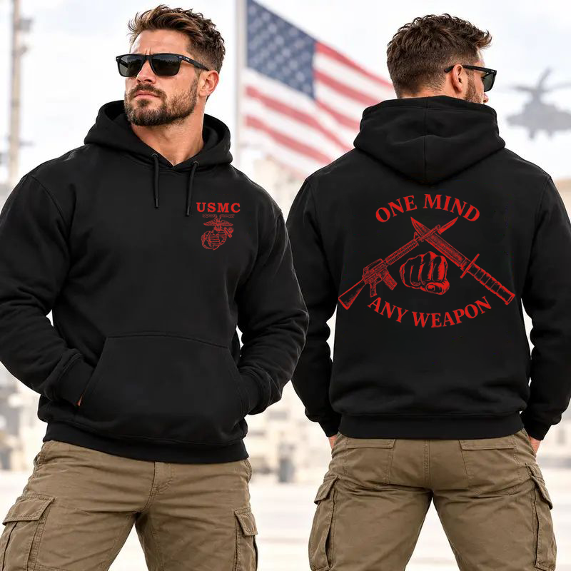 USMC One Mind Any Weapon Classic Menswear Hoodie, Marine Corps Combat Style, Veteran Gift