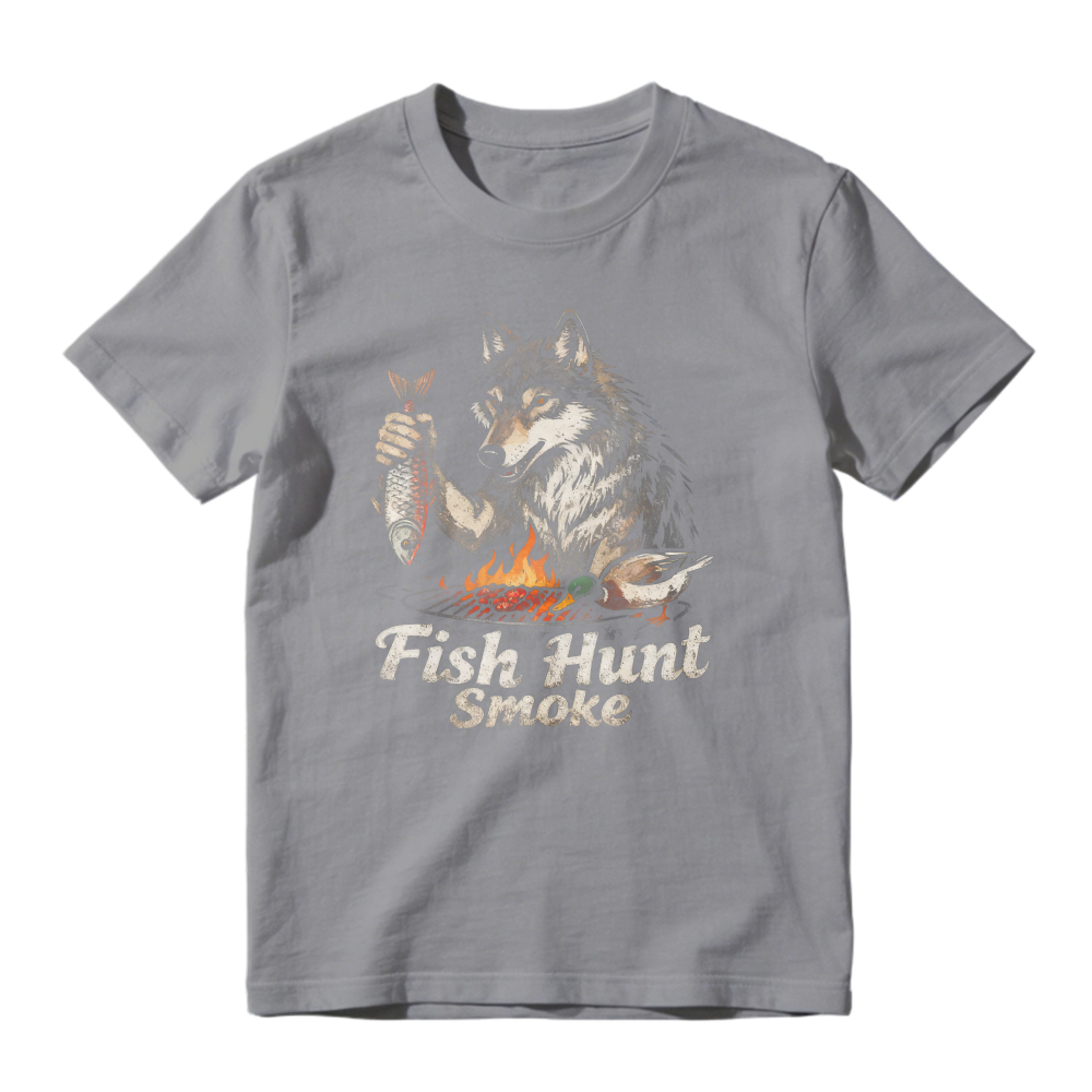 Wolf Holding Fish Over Campfire Grill With Bird And Text Fish Hunt Smoke Unisex Classic T-shirt