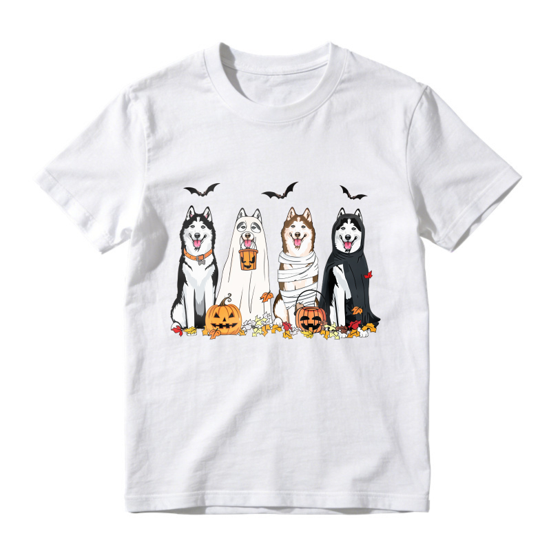 Halloween Husky Dogs In Costumes With Pumpkins And Bats, Unisex Classic T-shirt