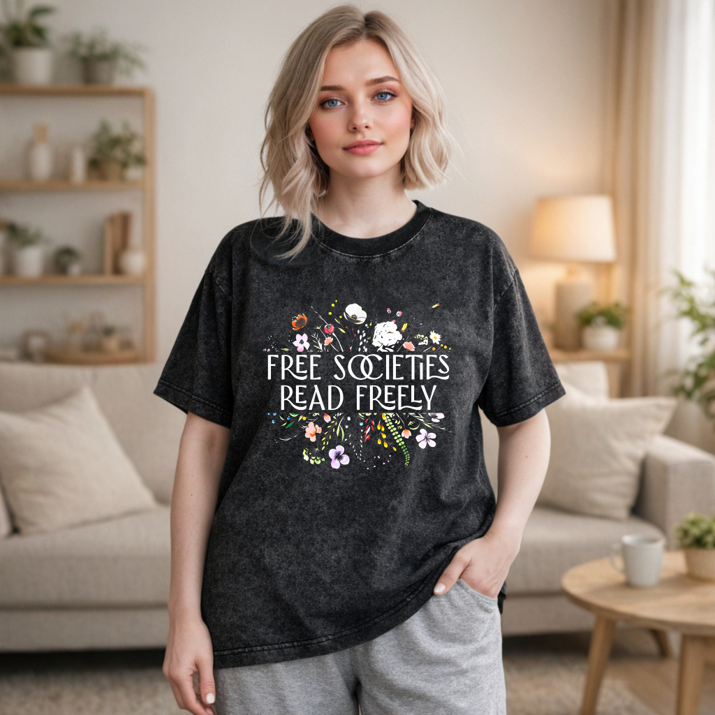 Wardrobecart Free Societies Read Freely Floral Design Unisex Washed T-shirt