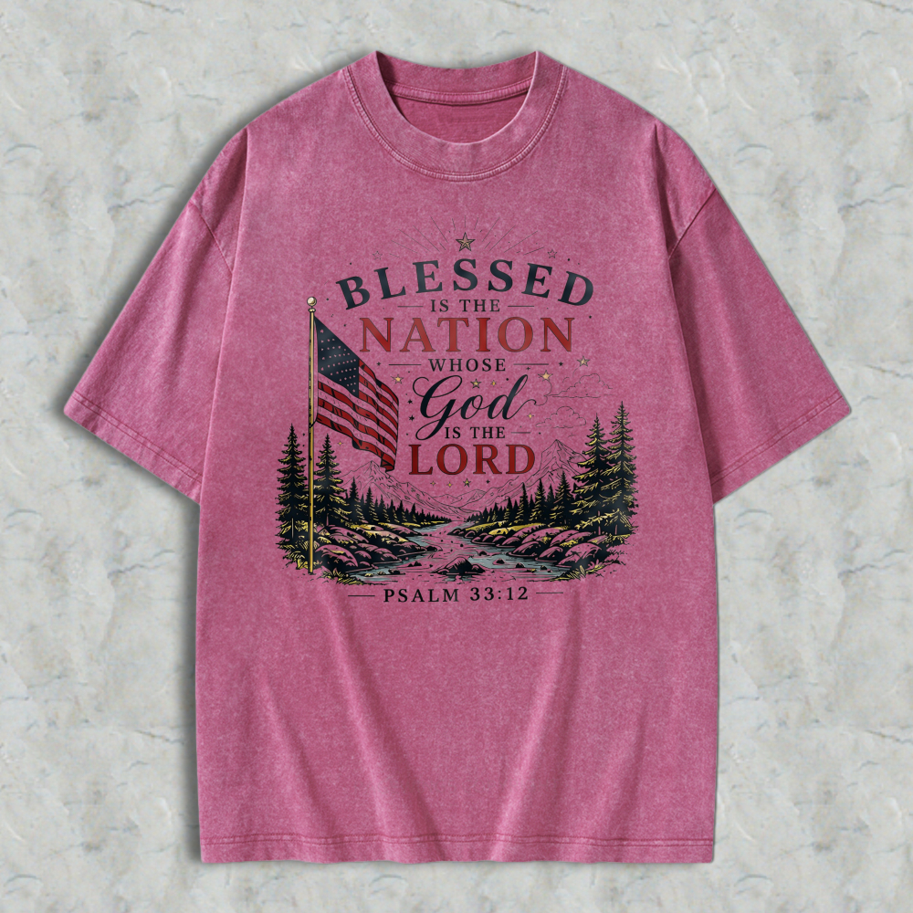 Blessed Is The Nation Whose God Is The Lord Psalm 3312 American Flag Mountain Landscape Washed T-shirt