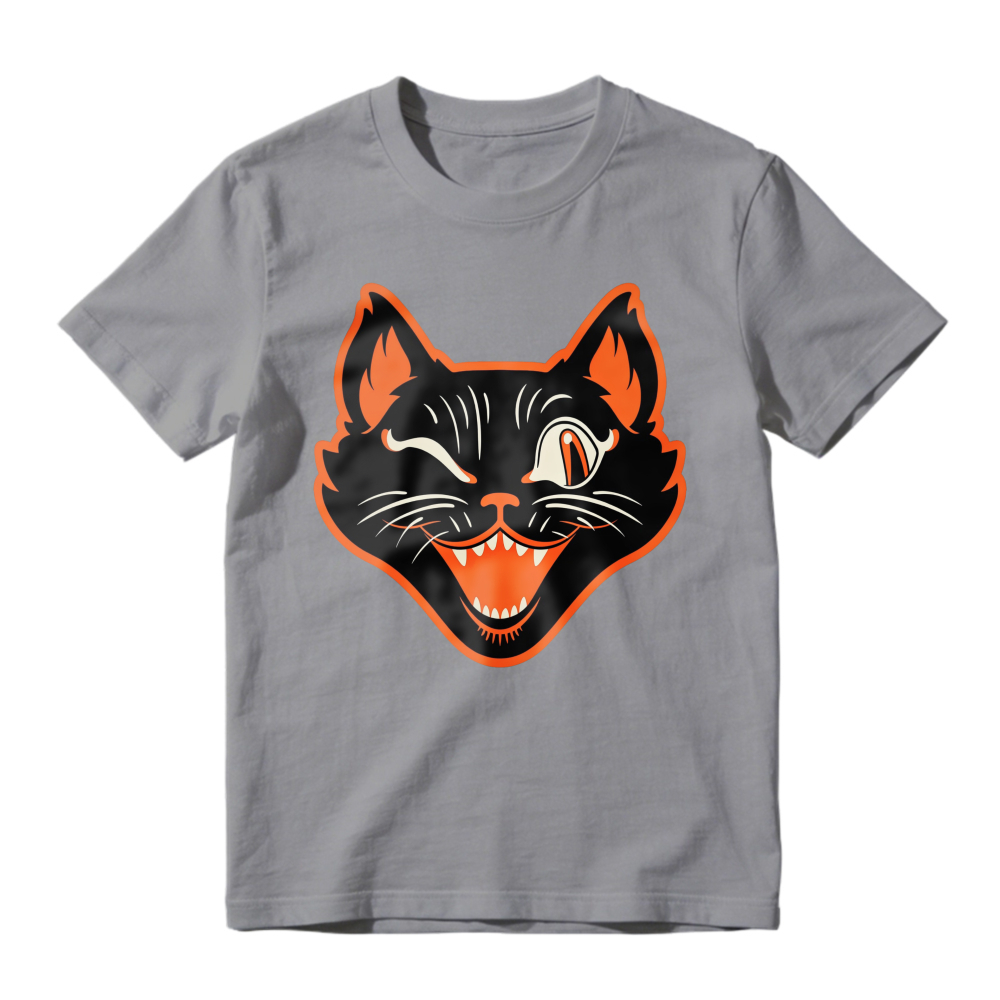 Winking Black Cat Face With Orange Outline And Sharp Teeth, Unisex Classic T-shirt
