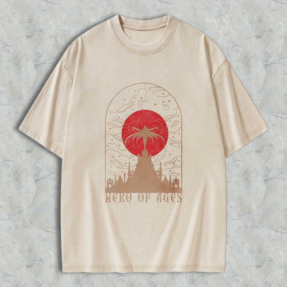 Wardrobecart Hero Of Ages Castle And Red Sun Design Unisex Washed T-shirt