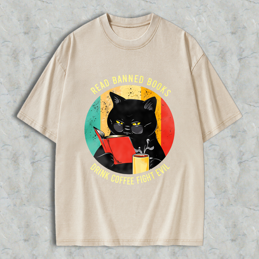 Wardrobecart Cat Reading Book With Coffee And Banned Books Text Unisex Washed T-shirt