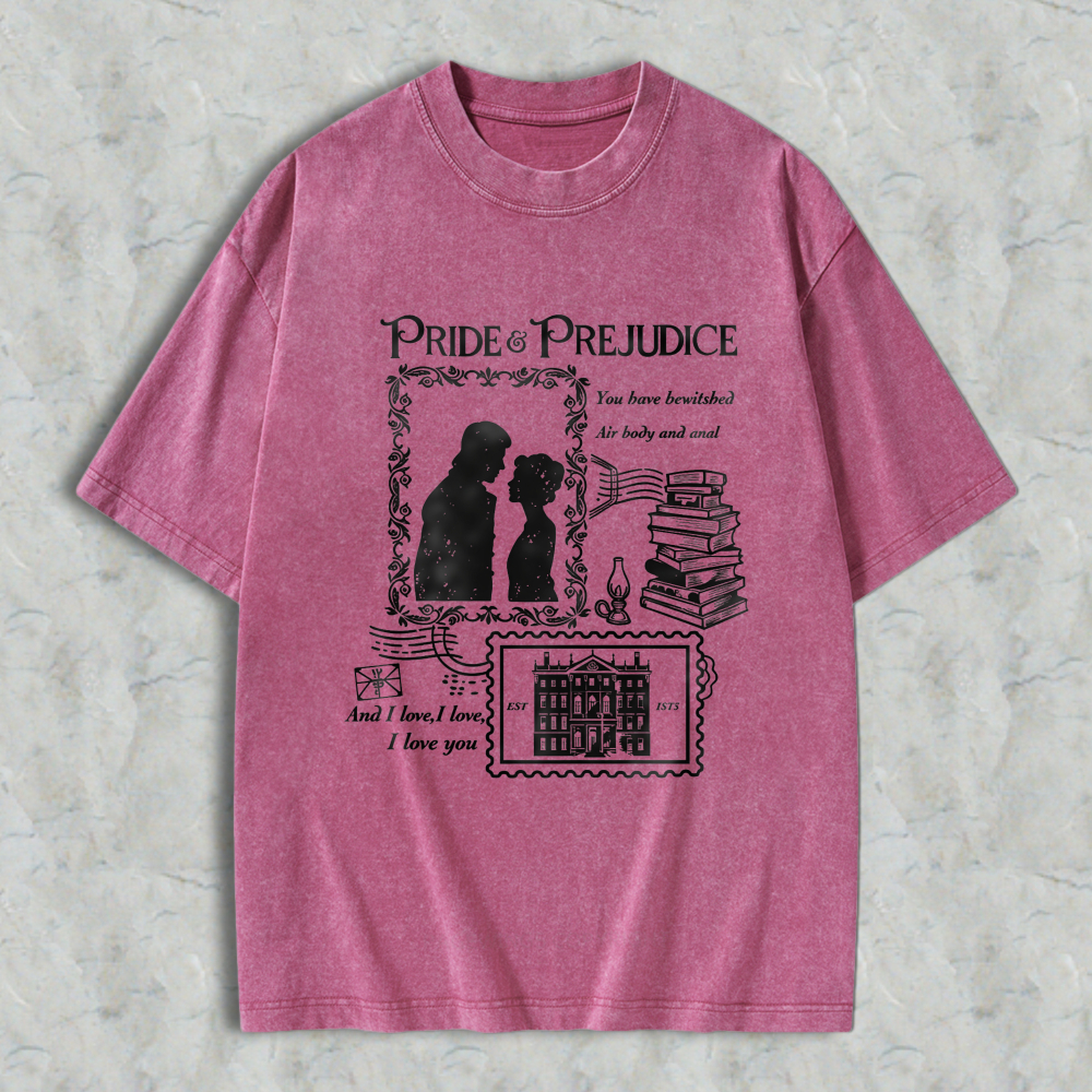 Wardrobecart Pride And Prejudice Literary Romance Quote With Couple Silhouette Books And Mansion Design Unisex Washed T-shirt