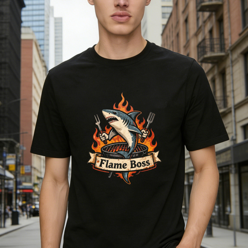 Shark Holding Forks Over Grill With Flames And Flame Boss Banner Unisex Classic T-shirt