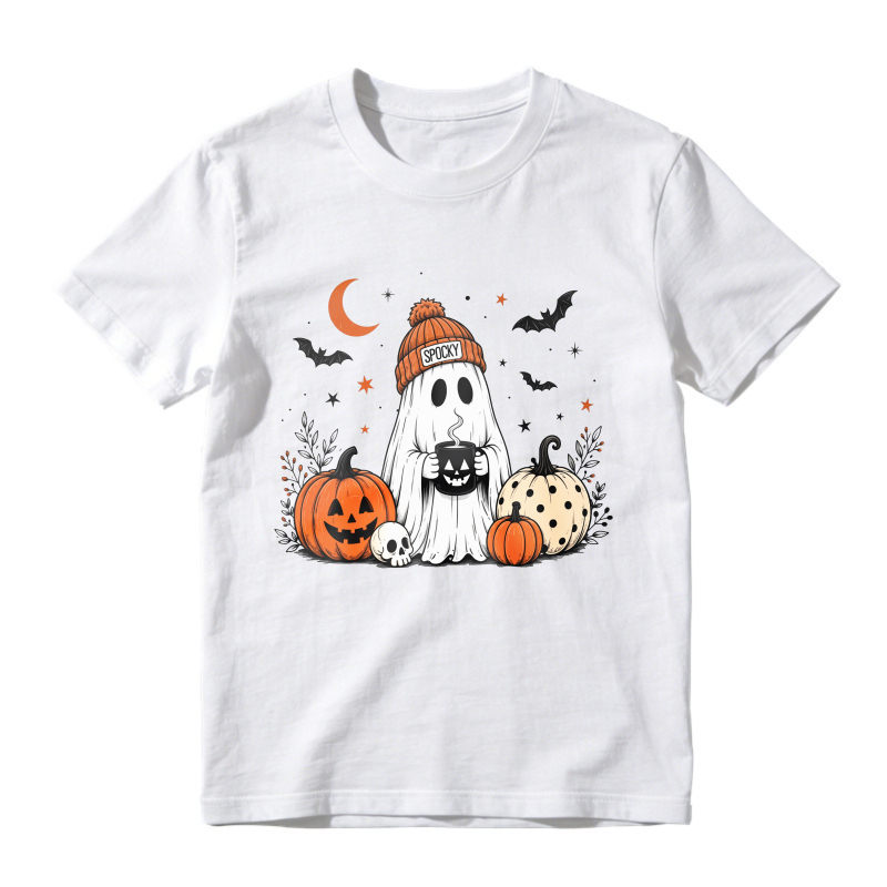 Cute Ghost With Spooky Hat And Pumpkins Halloween Design, Unisex Classic T-shirt