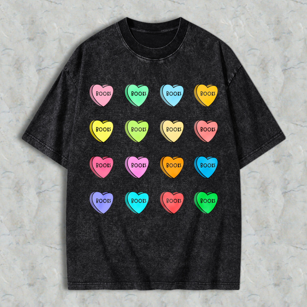 Wardrobecart Colorful Heart Candy Pattern With Book Text Unisex Washed T-shirt