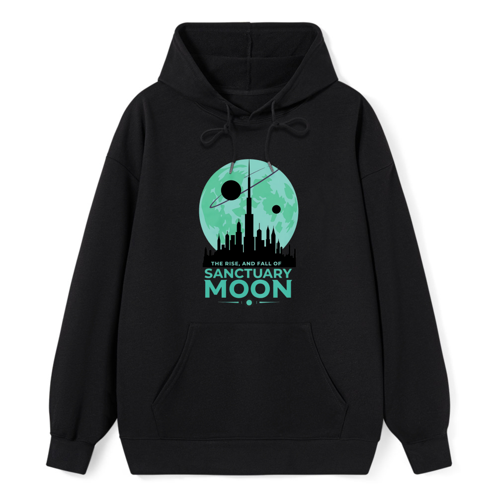 Wardrobecart Sanctuary Moon Cityscape With Planet And Text The Rise And Fall Of Sanctuary Moon Unisex Classic Hoodie