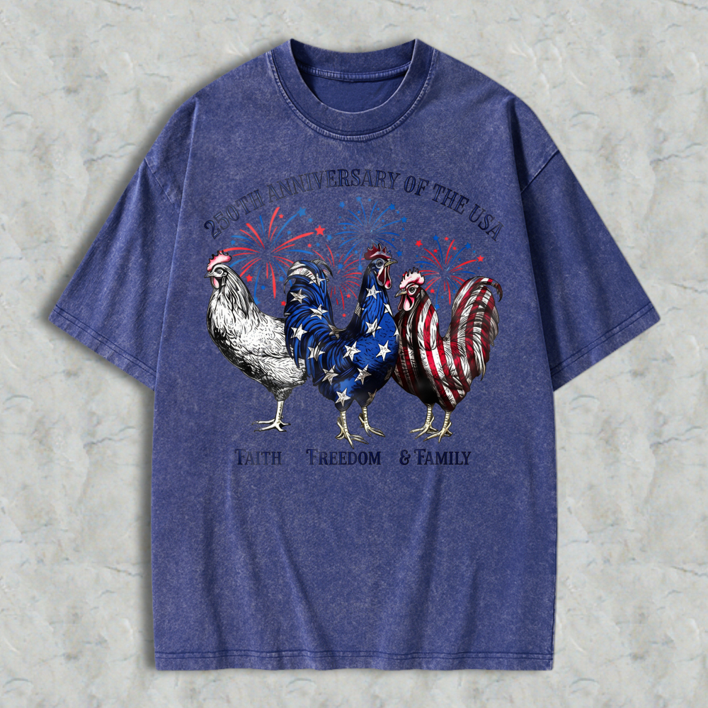 Patriotic Roosters With American Flag And Fireworks 250th Anniversary Of The Usa Washed T-shirt