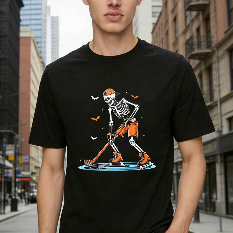 Skeleton Hockey Player With Orange Helmet And Stick Unisex Classic T-shirt