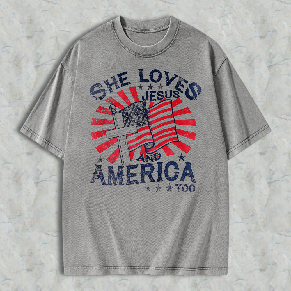She Loves Jesus And America Too Flag Cross Design Washed T-shirt