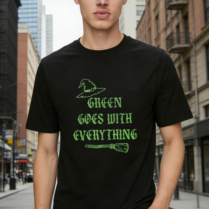 Green Goes With Everything Witch Hat And Broomstick Halloween Graphic T-shirt