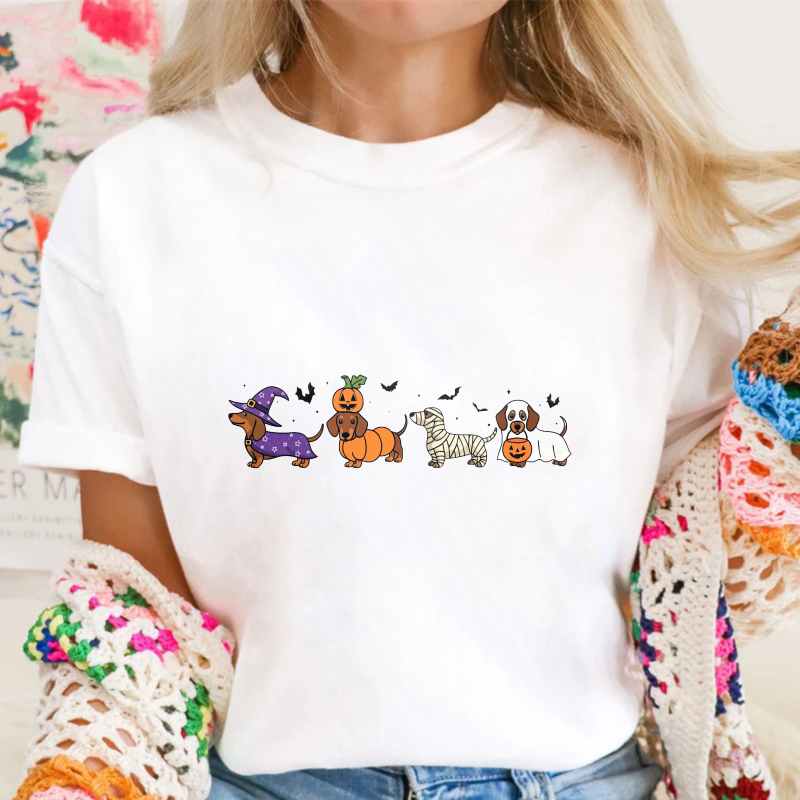 Cute Halloween Dogs In Costumes With Pumpkins And Bats, Unisex Classic T-shirt