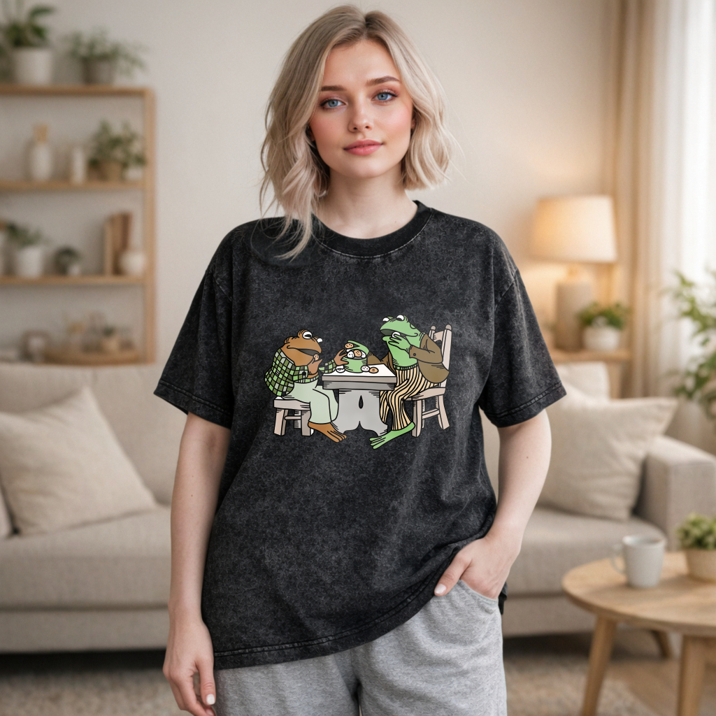 Wardrobecart Frog And Toad Eating Dinner Together Unisex Washed T-shirt