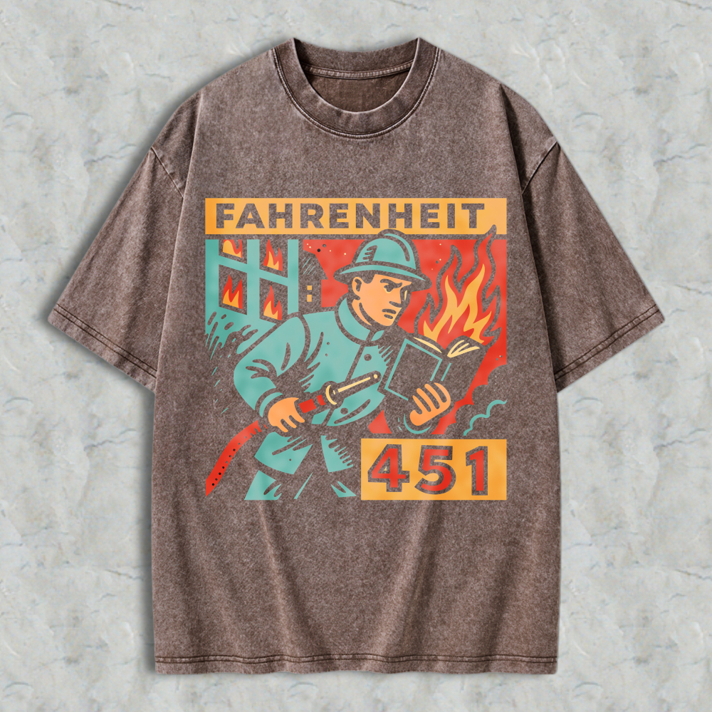 Wardrobecart Fahrenheit 451 Firefighter Holding Book With Flames Pattern Unisex Washed T-shirt