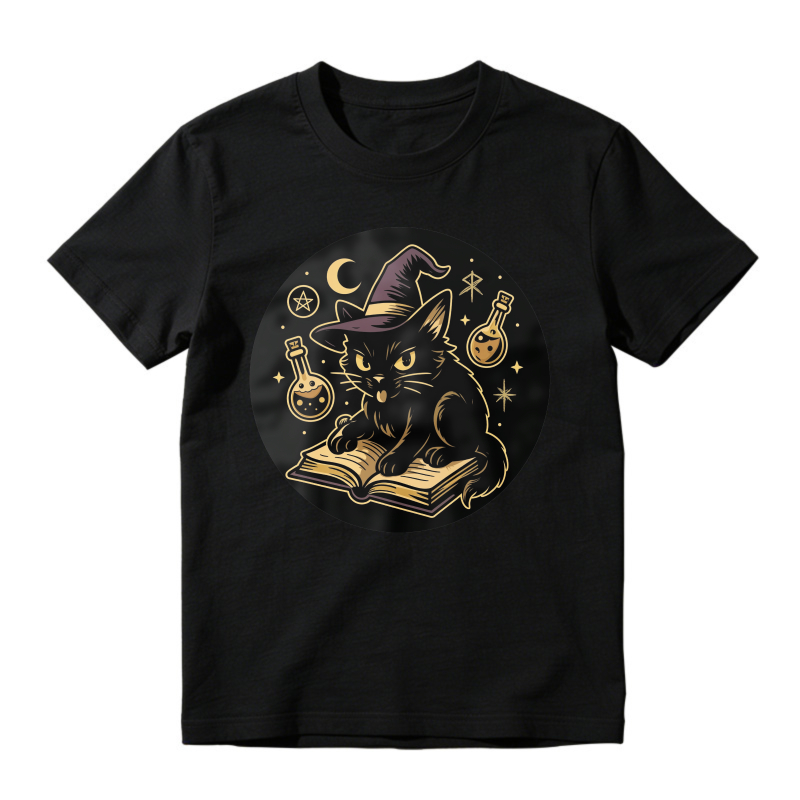 Witch Cat Reading Magic Book With Potions And Moon, Unisex Classic T-shirt