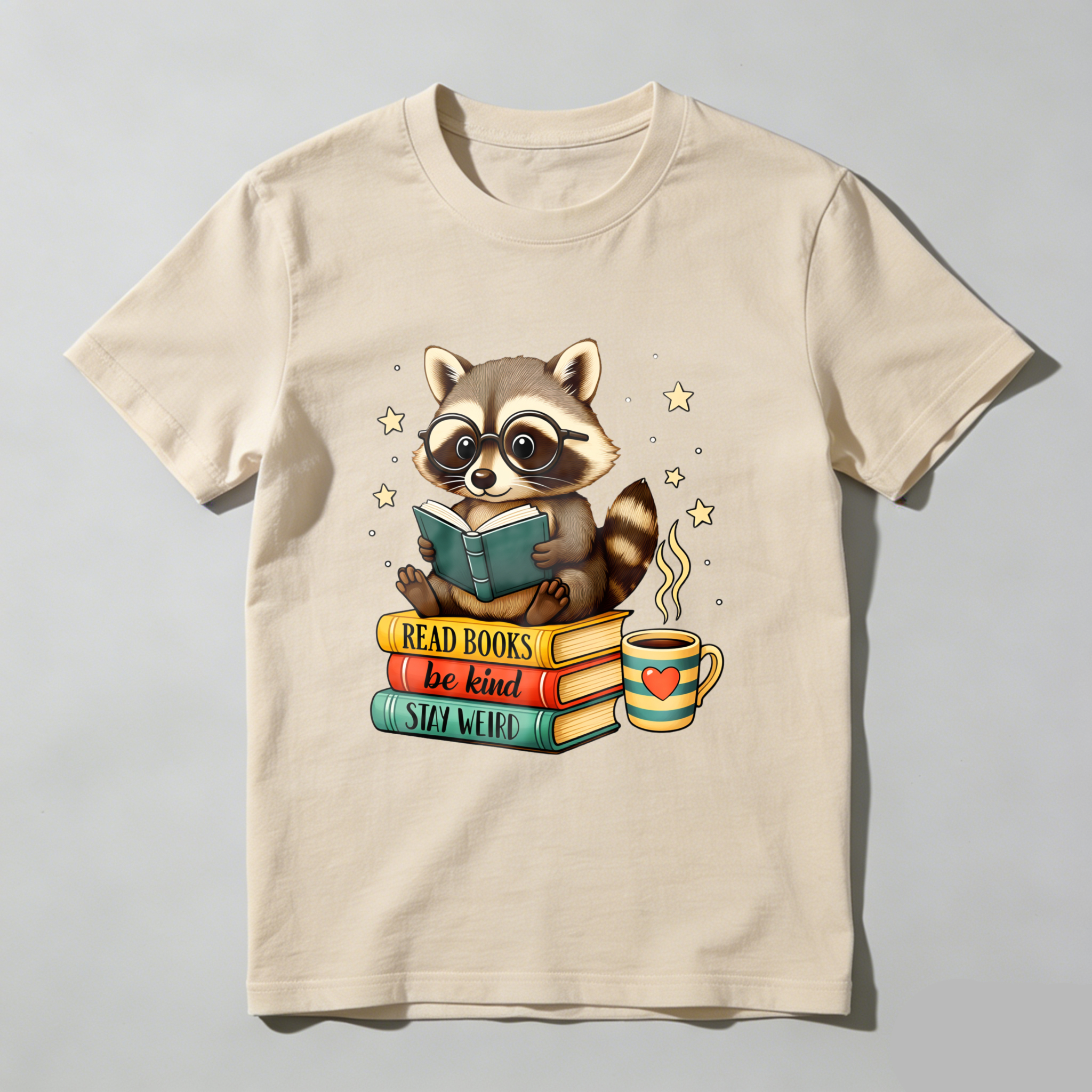 Wardrobecart Raccoon Reading Books With Coffee And Stars Tshirt