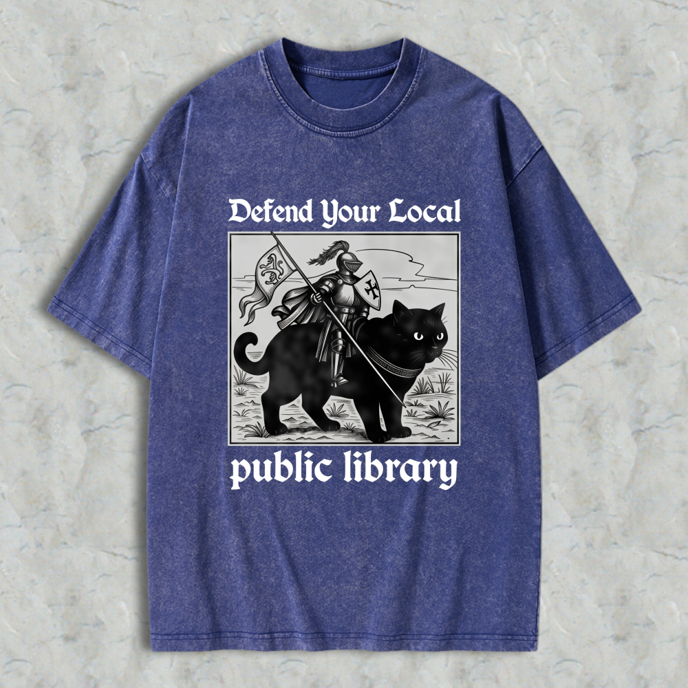 Wardrobecart Knight And Cat Defend Your Local Public Library Unisex Washed T-shirt