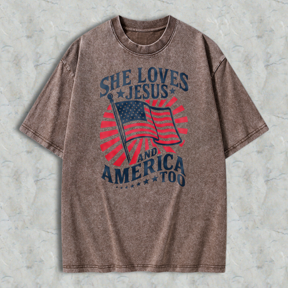 She Loves Jesus And America Too American Flag Design Washed T-shirt