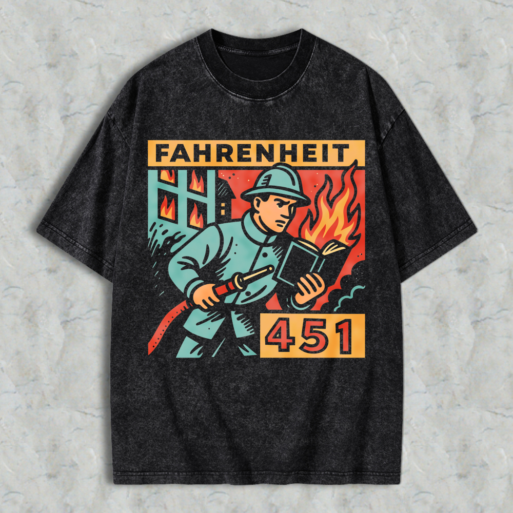 Wardrobecart Fahrenheit 451 Firefighter Holding Book With Flames Pattern Unisex Washed T-shirt